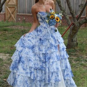 Sherri Hill Blue Floral Strapless Dress